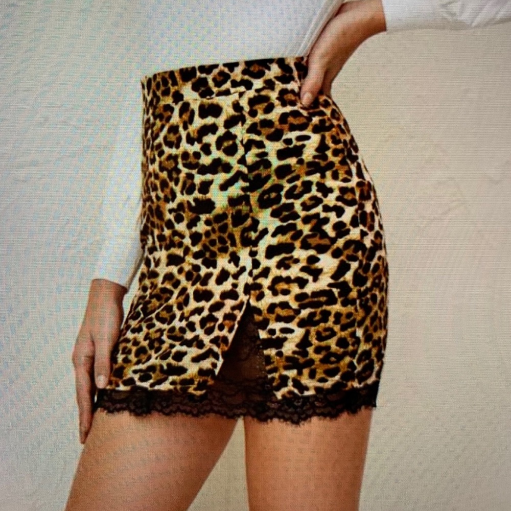 Shein Leopard Print Lace Insert Mini Skirt Size S